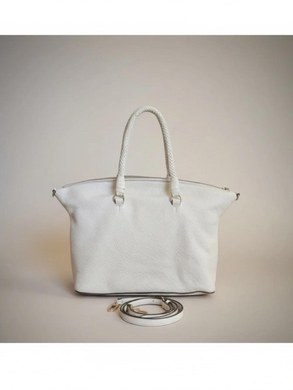 Tory Burch Pebbled Leather Ivory Satchel Tote Crossbody Bag w Dust Bag